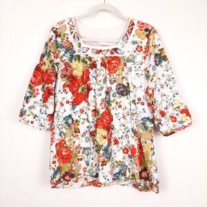 Ulla Popken floral embroidered 3/4 sleeve top boho cottagecore relaxed plus size